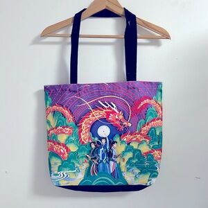 Dragon print tote bag, book bag, chinoisierer colourful tote, beach bag